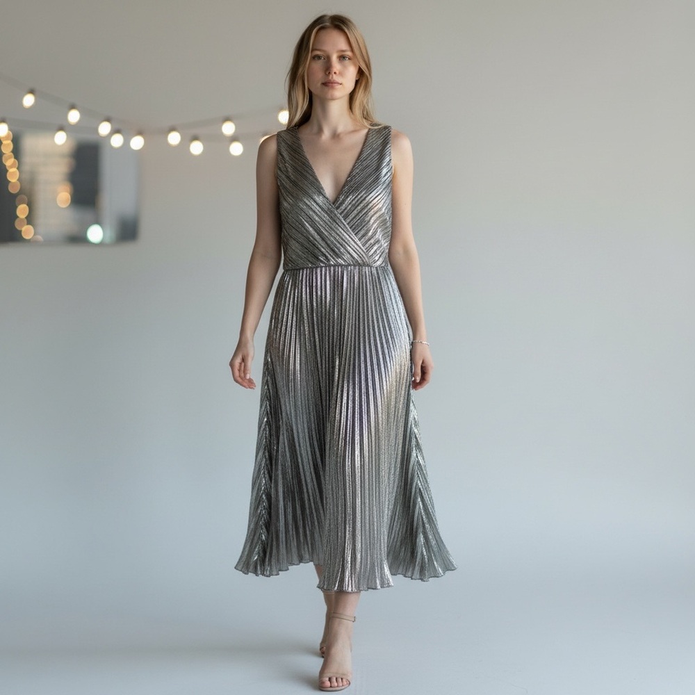 Dee Dee Metallic Gold Midi Dress NWT